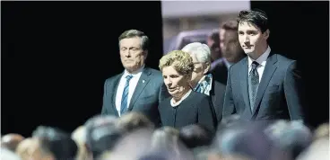 ?? NATHAN DENETTE / THE CANADIAN PRESS ?? From left, clockwise: Jonathon Sherman, surrounded by his sisters, speaks at his parents’ funeral service; Toronto Mayor John Tory, Ontario Premier Kathleen Wynne and Prime Minister Justin Trudeau; A large crowd attends the Shermans’ funeral service in...