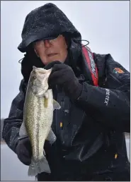  ?? (Arkansas Democrat-Gazette/Bryan Hendricks) ?? Despite heavy rain and cold , Mike Baker of Maumelle managed to catch a few Kentucky bass and this nice largemouth bass Monday in the Lead Hill area on Bull Shoals Lake,