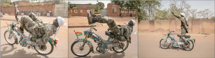  ?? — AFP photos by Fanny Noaro-Kabré ?? Combo photo shows Rasmané Ouedraogo, aka ‘Rastafou’, performing stunts on a moped in the streets of Koudougou.