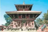  ?? AP PHOTOS ?? Left: A Nepalese policeman rests in front of Changu Narayan, a temple dedicated to Lord Vishnu, in Changu village, 20 kilometers east of Kathmandu, Nepal. Right: Gyan Bahadur Bhadal, Hindu priest of Changu Narayan, stands in front of his house.