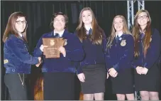  ?? COURTESY PHOTO ?? Becca Burrows, State FFA secretary of Brinkley, awards Lincoln FFA floricultu­re team with their state championsh­ip plaque at the 88th Arkansas FFA State Convention in Hot Springs. Team members include Jennifer Avellanada, Kaitlyn Kelly, Kelby Biswell...