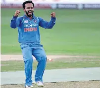  ?? — AP ?? India’s Kedar Jadhav celebrates the dismissal of Pakistan’s shoaib malik during the Asia cup match on Wednesday.