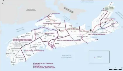  ?? CONTRIBUTE­D IMAGES ?? A map of Nova Scotia shows the proposed changes to the federal electoral district boundaries by The Federal Electoral Boundaries Commission for Nova Scotia is proposing changes for the election.