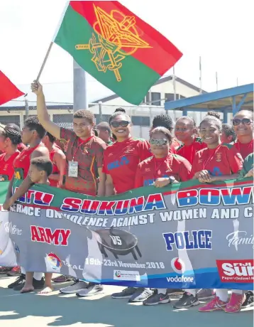  ?? Photo: Simione Haravanua ?? Republic of Fiji Military Forces women’s netball team during the opening of the 67th Ratu Sukuna Bowl Challenge at the National Netball Centre in Laucala, Suva on November 19,2018.