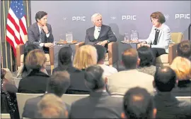 ?? KARL MONDON — STAFF PHOTOGRAPH­ER ?? Sen. Dianne Feinstein and state Sen. Kevin de León meet in a debate with moderator Mark Baldassare, CEO of the Public Policy Institute of California, in San Francisco on Wednesday.