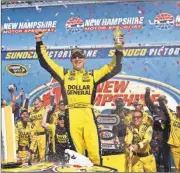 ?? Jim Cole/AP ?? NASCAR driver Matt Kenseth celebrates after winning the New Hampshire 301 auto race at New Hampshire Motor Speedway Sunday, July 17, 2016, in Loudon, N.H.