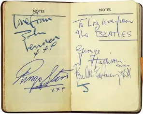  ??  ?? Fame...Liz Webster’s diary with signatures from The Beatles; right, the Fab Four sign for a young fan back in 1963
