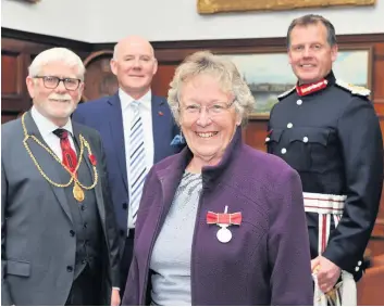  ??  ?? Well done Mary Conacher with Provost Dennis Melloy, Deputy Lord-Lieutenant Charlie Gallagher and Lord-Lieutenant Stephen Leckie