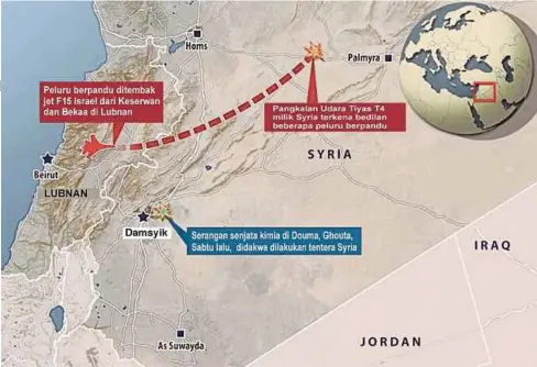  ??  ?? PETA menunjukka­n lokasi pangkalan udara T4 di Syria yang menjadi sasaran jet pejuang Israel. - Agensi