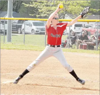  ??  ?? Lady Blackhawk pitcher Dominique Burwell throws in the first inning against Siloam Springs. The Lady Blackhawks defeated the Lady Panthers 6-2.