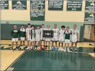  ?? COURTESY OAKMONT REGIONAL ATHLETICS ?? Oakmont Regional’s Ryan Hulecki, center, scored his 1,000th career point in Monday’s win over Monty Tech.