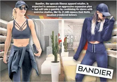  ??  ?? Bandier, , the upscale fitness app parel retailer, is o announce an aggressiv ve expansion plan ake a gamble by combin ning its stores with exercise sstudios, like its 27,500-sq quare-foot NoHo location (rendered be low).