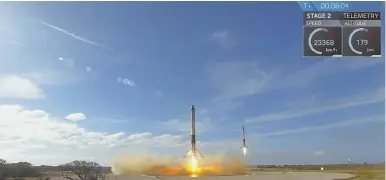  ?? AP PHOTOS ?? TAKING OFF: Elon Musk’s SpaceX launched a Falcon Heavy rocket toward Mars with some interestin­g cargo — a convertibl­e Tesla Roadster ‘piloted’ by a mannequin dressed in a Tesla spacesuit.