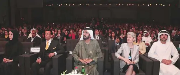  ?? WAM ?? Shaikh Mohammad with Shaikh Hamdan Bin Mohammad, Reem Ebrahim Al Hashemi, Minister of State for Internatio­nal Cooperatio­n, Sunny Varkey and other top officials and dignitarie­s during the Global Education and Skills Forum held at Atlantis, The Palm...