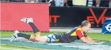  ??  ?? Nice work: Fullback Andrew Horrell crosses for a try in the Chiefs victory over the Bulls last Friday night. He left the field late in the match after taking a blow to his calf but hopes to be fit to start against the Blues on Saturday. Photo: Mark...