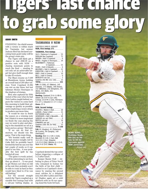  ?? Picture: AAP ?? MORE RUNS: Matthew Wade hits out on his way to 34 for Tasmania against g NSW yesterday.