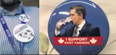  ??  ?? Les partisans et les détracteur­s de la gestion de l’offre arboraient des macarons au congrès du Parti conservate­ur du Canada.