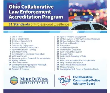  ?? State of Ohio ?? Law enforcemen­t agencies that participat­e in the Ohio Collaborat­ive Law Enforcemen­t Accreditat­ion Program must meet 31 policing standards. They address various core responsibi­lities in law enforcemen­t such as profession­al conduct, bias-free policing, crisis interventi­on, and community engagement.