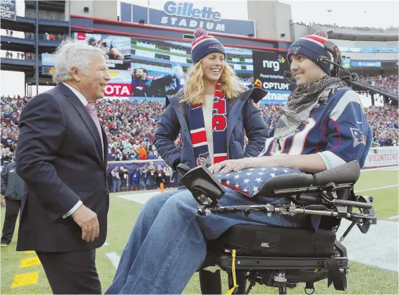  ?? AP PHOTO ?? PART OF THE TEAM, PART OF THE HUB: Pete Frates keeps close tabs on the Boston sports scene, and vice versa, as evidenced by the birthday observance that team owner Robert Kraft, left, and the Patriots celebrated with the former Boston College baseball...