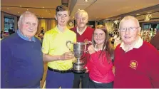  ??  ?? Bond: Louis Hemeryck (Junior Captain, Hermitage GC) presents Ellie Haran (Junior Vice Captain, Lucan GC) with the Moor of Meath trophy. Also in the picture (from left) Joe O’Connor (Convenor, Lucan GC), Jimmy Doyle (Vice Captain) and Paul Harmey (Convenor, both Hermitage GC). Picture: Pat Cashman