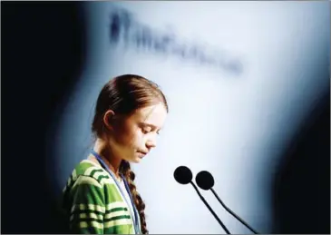  ?? CRISTINA QUICLER/AFP ?? Swedish climate activist Greta Thunberg gives a speech during a high-level event on climate emergency hosted by the Chilean presidency during the UN Climate Change Conference COP25 in Madrid last week.