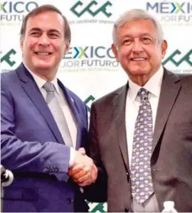  ??  ?? RESPALDO. Juan Pablo Castañón, del CCE, y AMLO, ayer, tras su reunión.