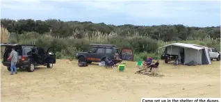  ??  ?? Camp set up in the shelter of the dunes.