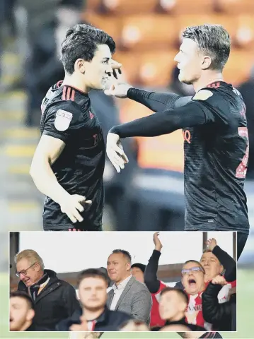  ??  ?? Luke O’Nien and Max Power celebrate Sunderland’s win. INSET: Stewart Donald with fans at Bloomfield Road.