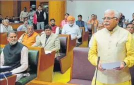  ?? KESHAV SINGH/HT ?? Congress leaders Bhupinder Singh Hooda and CLP leader Kiran Choudhary attending the assembly session, and (right) chief minister Manohar Lal Khattar addressing the members on the last day of the budget session in Chandigarh on Friday.