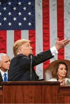  ?? Foto: Doug Mills, afp ?? Mal monoton, dann wieder mit großer Geste: Us-präsident Donald Trump bei seiner Ansprache der Lage der Nation.