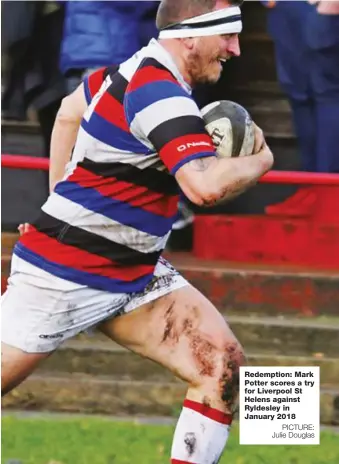  ?? PICTURE: Julie Douglas ?? Redemption: Mark Potter scores a try for Liverpool St Helens against Ryldesley in January 2018