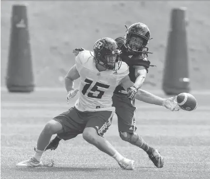  ?? ERROL MCGIHON ?? Defensive back Sherrod Baltimore, right, says he feels “blessed” to be competing for a spot on the Redblacks roster.