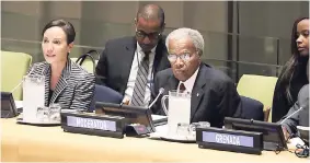  ??  ?? Foreign Affairs and Foreign Trade Minister Kamina Johnson Smith (left) addresses a panel discussion on childhood obesity at a CARICOM Round Table Forum at the 72nd United Nations General Assembly at the UN Headquarte­rs in New York recently. Others...