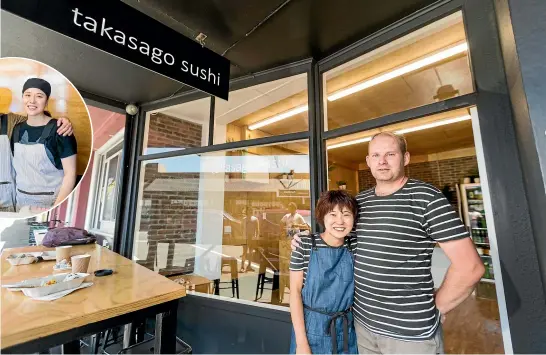  ?? PHOTOS: SIMON O’CONNOR/STUFF ?? Takasago Sushi owners Graham and Ikue Mann think there’s room for more sushi restaurant­s in New Plymouth. Inset: Founders of Yum Yum sushi Osamu Honjo and Haejung Sung had dreamed of making sushi for more than a decade.