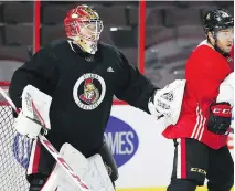  ??  ?? Senators goaltender Mike Condon has been working on “the little intricacie­s of the game” in practice and will get the start tonight. Jean Levac