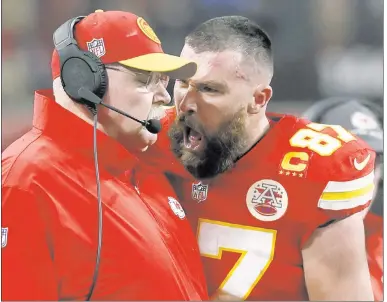  ?? Getty Images ?? I LOVE YOU, MAN: Travis Kelce joked he was telling Andy Reid how much he loved him when he screamed in his face during the second quarter of the Super Bowl. But lip readers tell a different story.