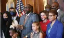  ?? Photograph: REX/Shuttersto­ck ?? Philonise Floyd, brother of George Floyd, speaks as he and members of the Floyd family meet with Nancy Pelosi, second right, and Karen Bass, right, in May.