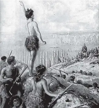  ??  ?? Waikato warrior Rewi Maniapoto at the battle of O¯ ra¯kau in 1864. He is said to have responded to the offer of surrender by saying, "Ka whawhai tonu ma¯tou, a¯ke, a¯ke, a¯ ke!" ("We shall fight on, for ever, and ever, and ever!")