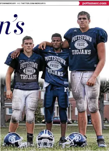  ?? SAM STEWART — DIGITAL FIRST MEDIA ?? Marvin Pearson, flanked by Zack Griffin, left, and Draeden Gwinner, right, returned to Pottstown for his senior season and is a member of the Trojans’ team despite being blind since elementary school.