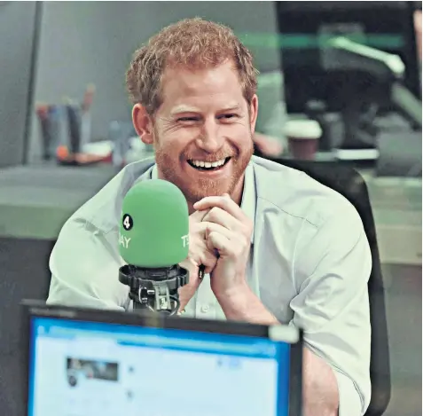  ??  ?? Prince Harry in the studio for the BBC Radio 4 Today programme when he interviewe­d Barack Obama, the former US president, during his guest editing slot