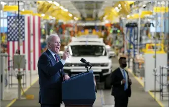  ?? EVAN VUCCI — THE ASSOCIATED PRESS ?? President Joe Biden speaks during a visit to the General Motors Factory ZERO electric vehicle assembly plant last month in Detroit.