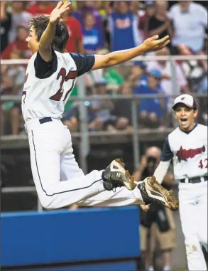  ?? Mark Conrad / For Hearst Connecticu­t Media ?? Westport pitcher Chad Knight celebrates winning the Little League 12-year-old New England championsh­ip game against Lincoln, R.I., in August 2013.