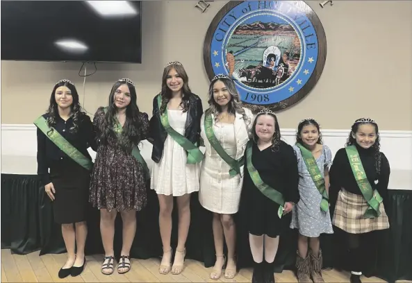  ?? ELIZABETH MAYORAL CORPUS PHOTO ?? FROM LEFT: Jocelyn Ornelas, Natalie Garfio, Arielle Sotelo, Samantha Castaneda, Addison Lydick, Alexandria Reeves, and Aleeyah Aguilar, 2023 Carrot Royalty court showed their talent during the Carrot Royalty Speech Contest, Thursday, January 26, at the Civic Center of Holt Park, in Holtville.