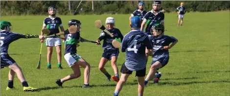  ??  ?? Bray’s Cillian O’Neill tries to get this shot off as Michael Dwyers players close in during the under-13 ‘B’ semi-final in Ballinakil­l.