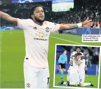  ??  ?? Fred celebrates the 3-1 win at PSG on Wednesday night