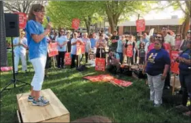  ?? EVAN BRANDT — DIGITAL FIRST MEDIA ?? Patty Eakin, RN and statewide President of Pennsylvan­ia Associatio­n of Staff Nurses and Associated Profession­s, told the pickets that “it is unacceptab­le that a company paying its CEO Clint Matthews $2.5 million is refusing to pay its fair share.