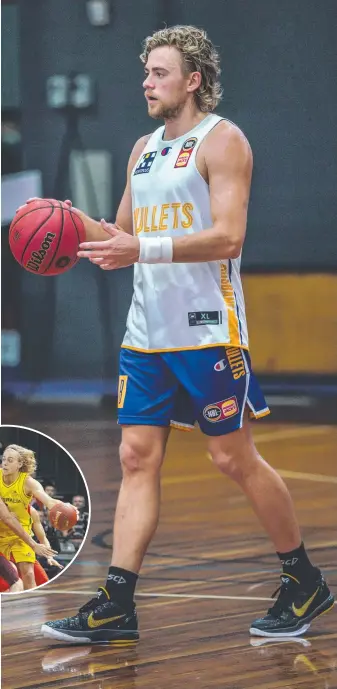  ??  ?? Suns footballer Hugh Greenwood at Brisbane Bullets training and (inset) playing for the Boomers in the 2014 Sino-Australia Challenge. Main picture: Brisbane Bullets