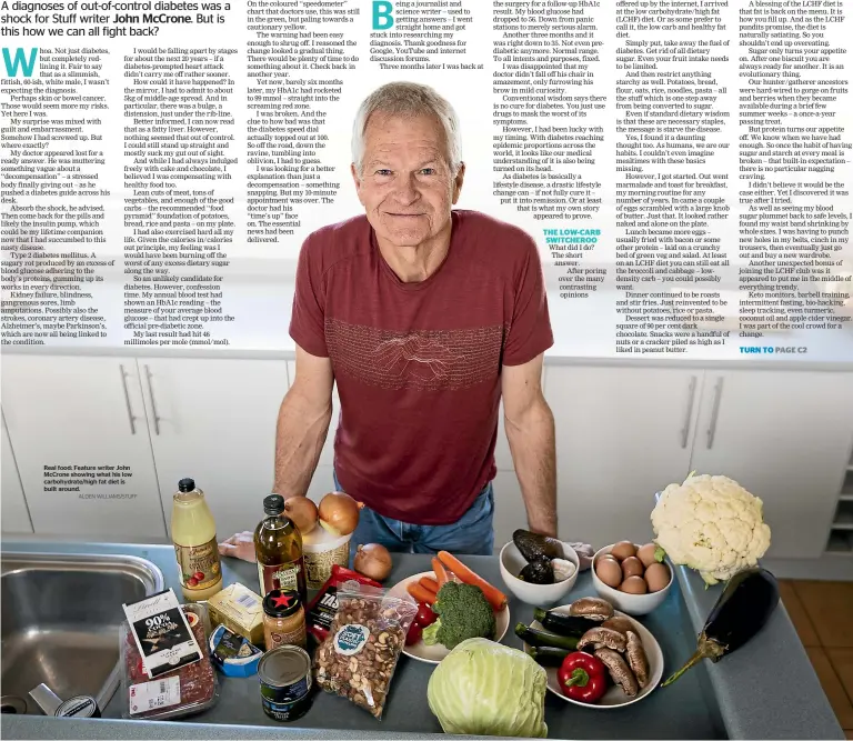  ?? ALDEN WILLIAMS/STUFF ?? Real food: Feature writer John McCrone showing what his low carbohydra­te/high fat diet is built around.