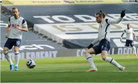  ?? Photograph: Tom Jenkins/The Guardian ?? Gareth Bale puts Tottenham 1-0 up against Burnley in the second minute.