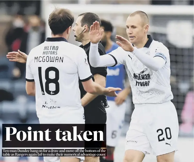  ??  ?? 0 Taking the plaudits from team-mate Paul Mcgowan, it was a low-key celebratio­n by Kenny Miller yesterday as he scored against his former club in Dundee’s 1-1 draw with Rangers.Report, pages 2-3